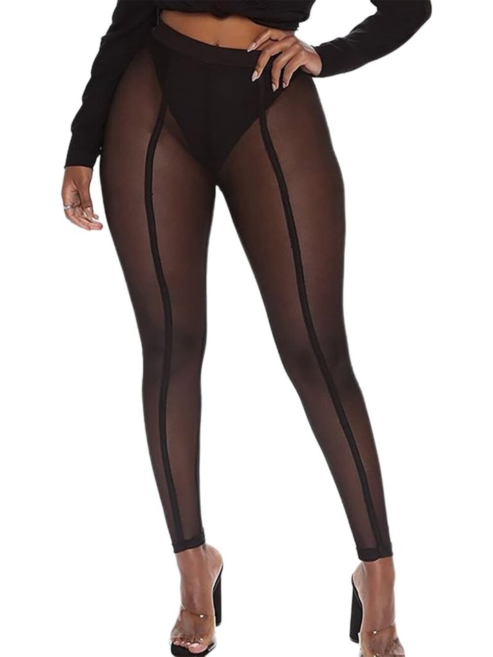 Women's Black Brief Soft Stretchy Fabric Sheer High Waisted Legging Skinny Pant